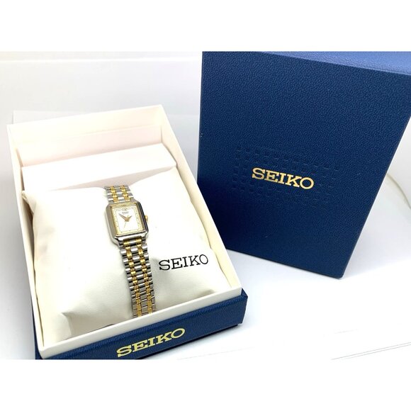 Seiko Women's Watch V401-5129 Quartz Petite Tank Rectangle White Dial Two Tone - Picture 3 of 12